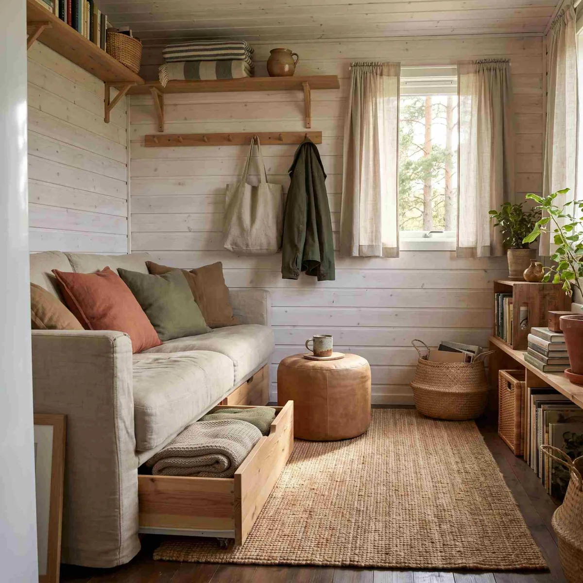 Litet sommarstugevardagsrum med soffa med förvaring, vägghyllor och kroklister för att maximera ytan