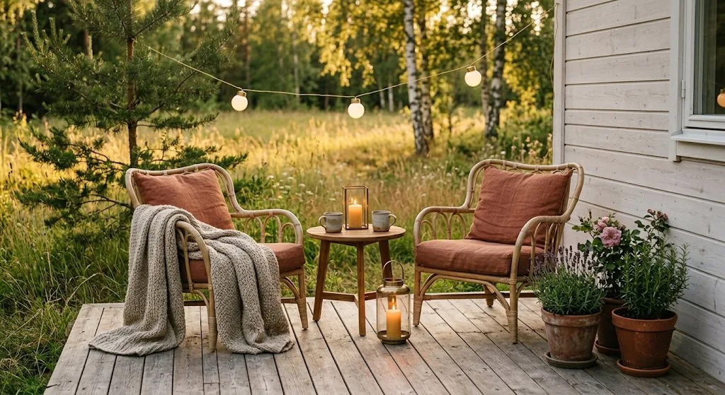 Sommarstugans uteplats med rotting fåtöljer, lyktor och lerkrukor i varmt kvällsljus