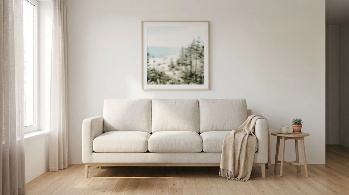 Tavla med naturmotiv ovanför soffan i ett skandinaviskt vardagsrum