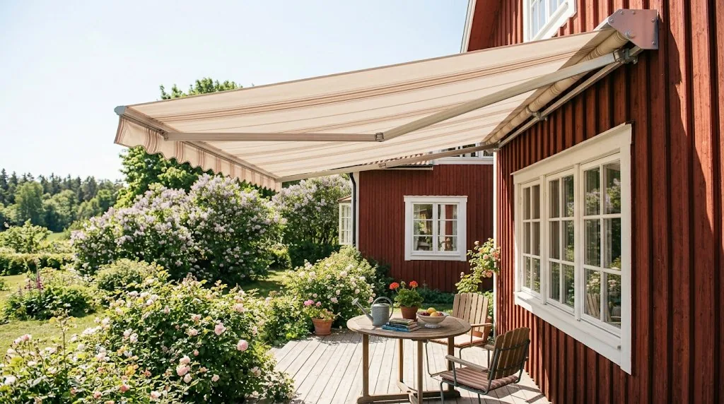 Vikarmar och väggkonsoler på en terrassmarkis