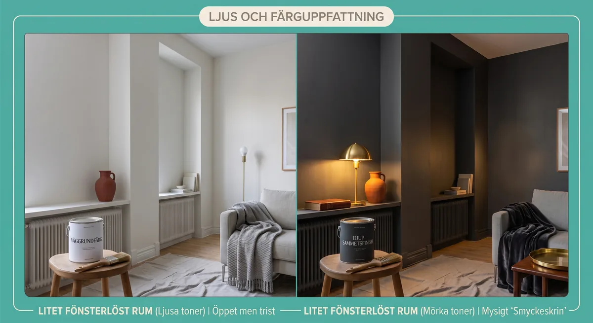 Jämförelse mellan ett litet rum målat i ljus kulör och samma rum i mörk kulör