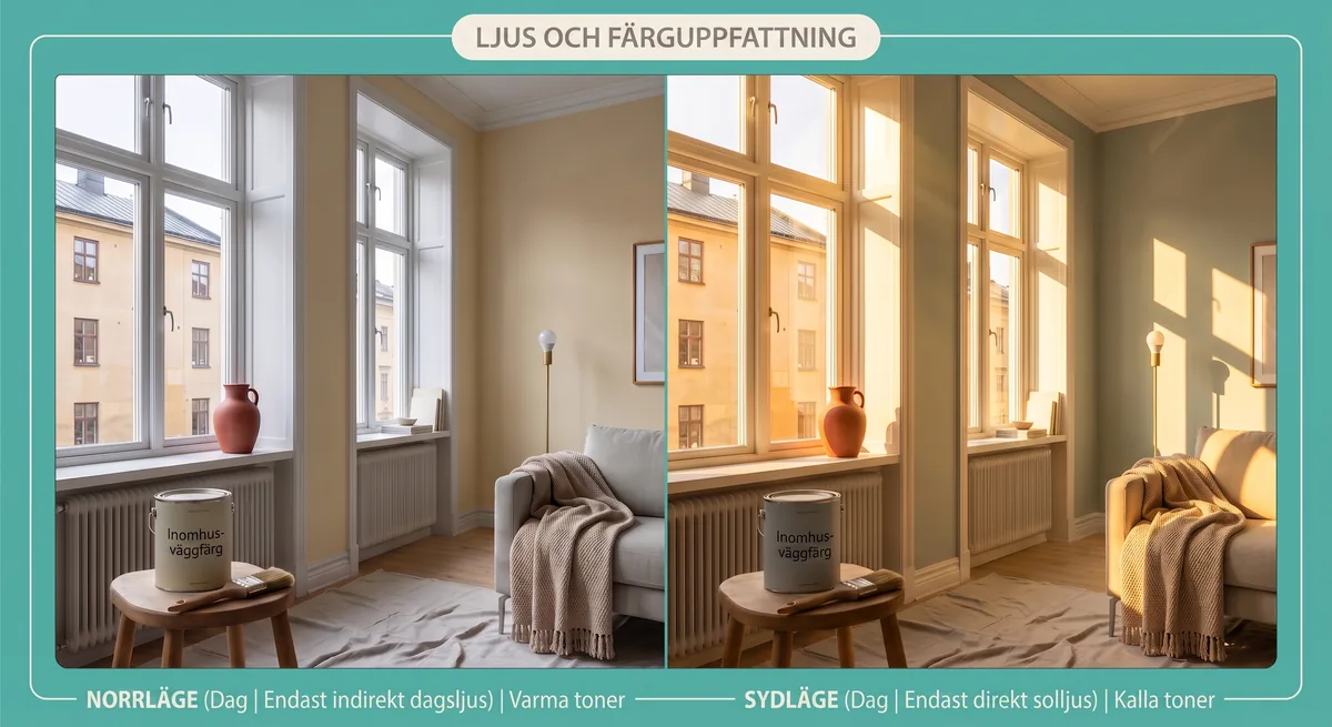 Jämförelse mellan en väggfärg i kallt norrljus och samma kulör i varmt eftermiddagsljus
